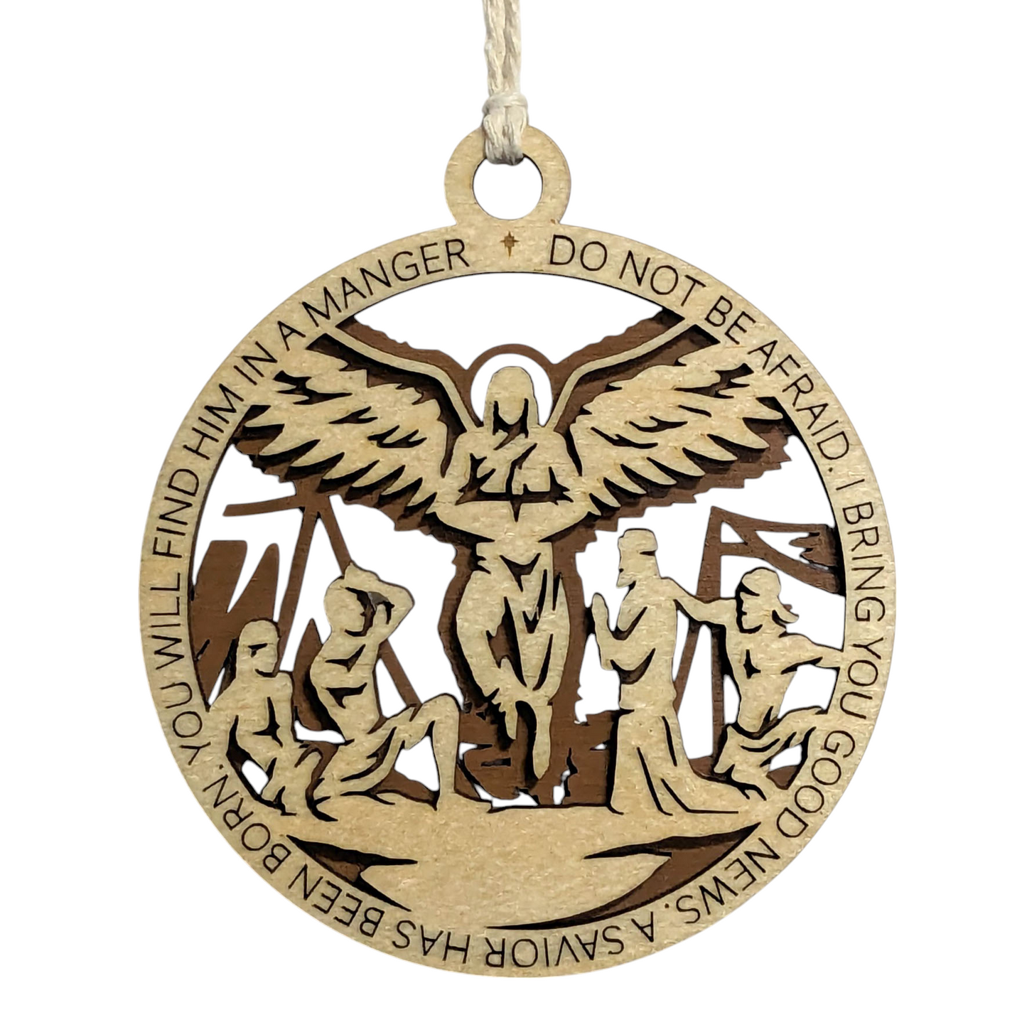 Handcrafted 3.5" Round Wooden Christmas Ornament, 2-Layer Laser Cut Design, Natural & Stained Wood, Featuring Luke 2:10-11 Bible Verse & Angel Scene, Perfect Holiday Decor, Made in USA