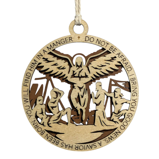 Handcrafted 3.5" Round Wooden Christmas Ornament, 2-Layer Laser Cut Design, Natural & Stained Wood, Featuring Luke 2:10-11 Bible Verse & Angel Scene, Perfect Holiday Decor, Made in USA