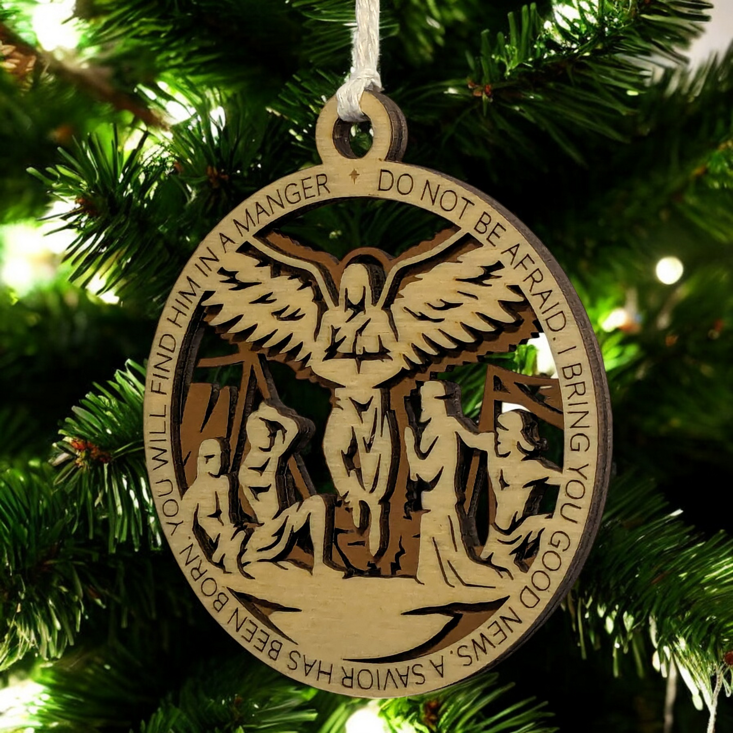 Handcrafted 3.5" Round Wooden Christmas Ornament, 2-Layer Laser Cut Design, Natural & Stained Wood, Featuring Luke 2:10-11 Bible Verse & Angel Scene, Perfect Holiday Decor, Made in USA