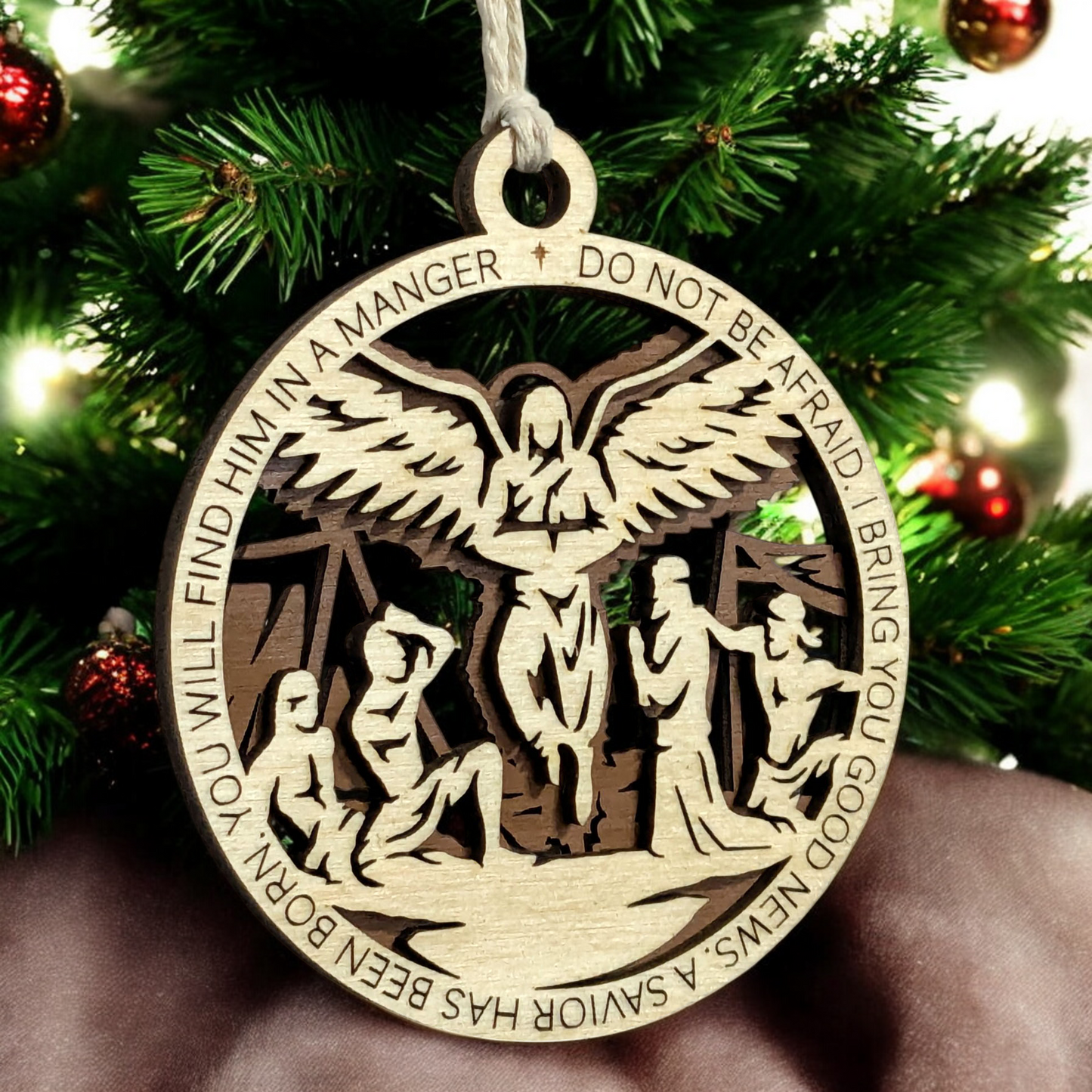 Handcrafted 3.5" Round Wooden Christmas Ornament, 2-Layer Laser Cut Design, Natural & Stained Wood, Featuring Luke 2:10-11 Bible Verse & Angel Scene, Perfect Holiday Decor, Made in USA