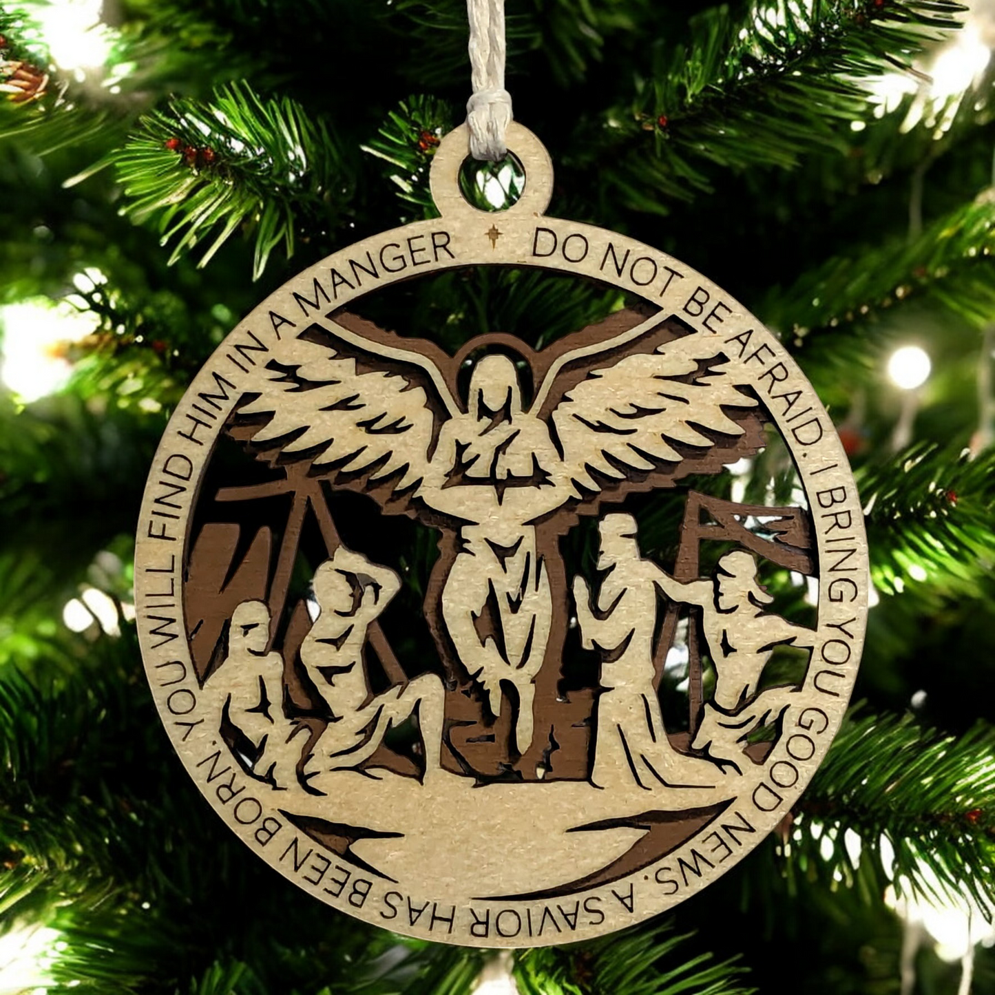 Handcrafted 3.5" Round Wooden Christmas Ornament, 2-Layer Laser Cut Design, Natural & Stained Wood, Featuring Luke 2:10-11 Bible Verse & Angel Scene, Perfect Holiday Decor, Made in USA