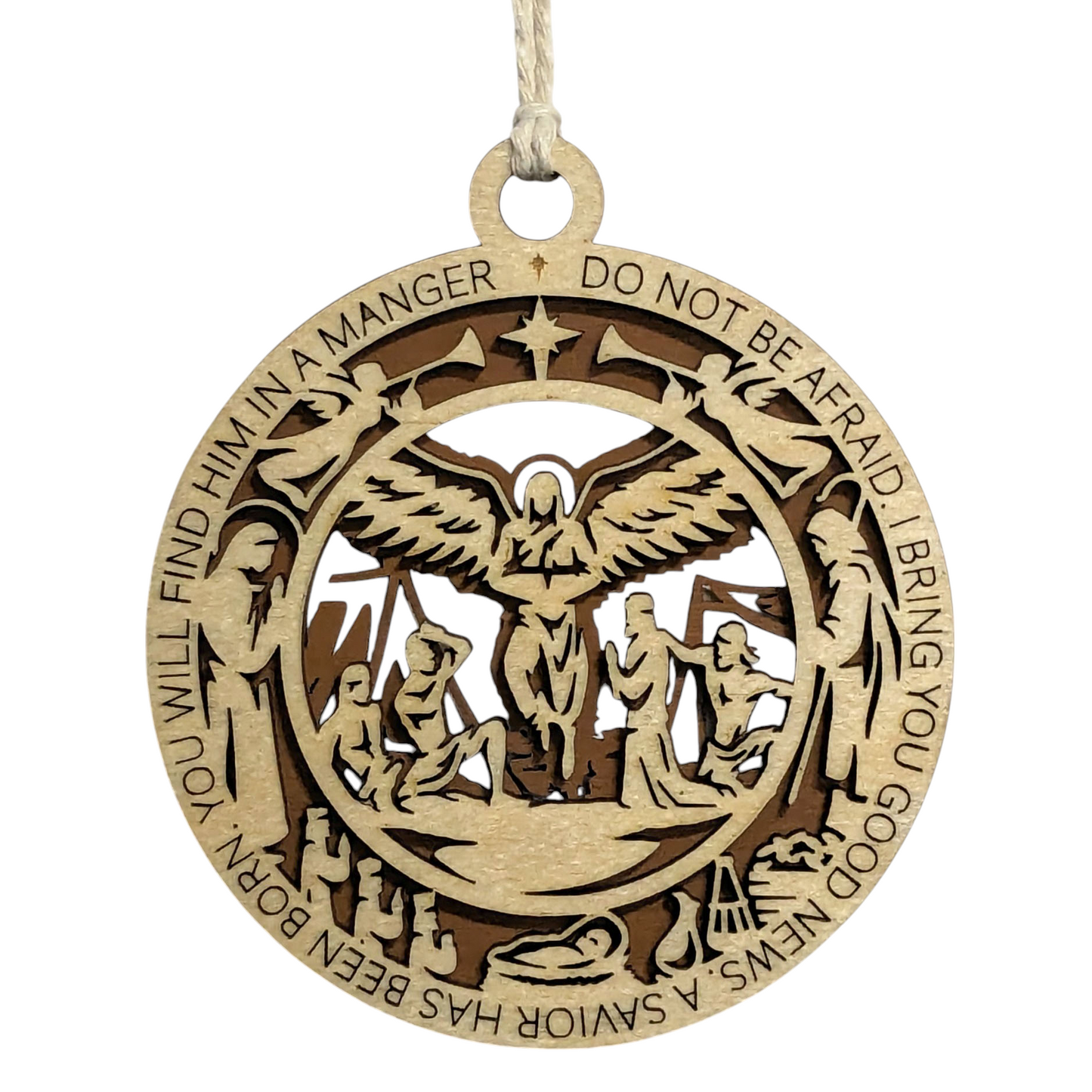 Handcrafted 3.5" Round Wooden Christmas Ornament, 2-Layer Laser Cut Design, Featuring Luke 2:10-11 Bible Verse & Angel Scene, Natural & Stained Wood, Christian Icons, Made in USA, Perfect Gift