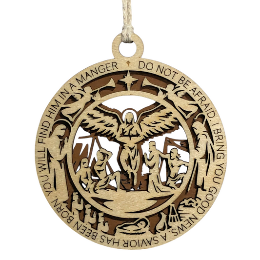 Handcrafted 3.5" Round Wooden Christmas Ornament, 2-Layer Laser Cut Design, Featuring Luke 2:10-11 Bible Verse & Angel Scene, Natural & Stained Wood, Christian Icons, Made in USA, Perfect Gift