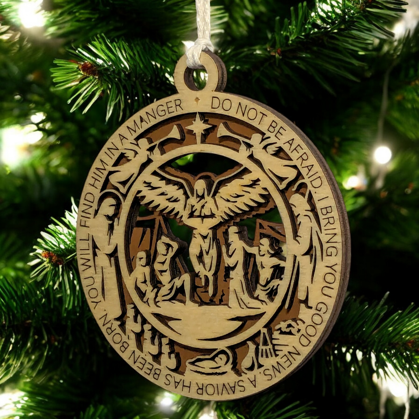 Handcrafted 3.5" Round Wooden Christmas Ornament, 2-Layer Laser Cut Design, Featuring Luke 2:10-11 Bible Verse & Angel Scene, Natural & Stained Wood, Christian Icons, Made in USA, Perfect Gift