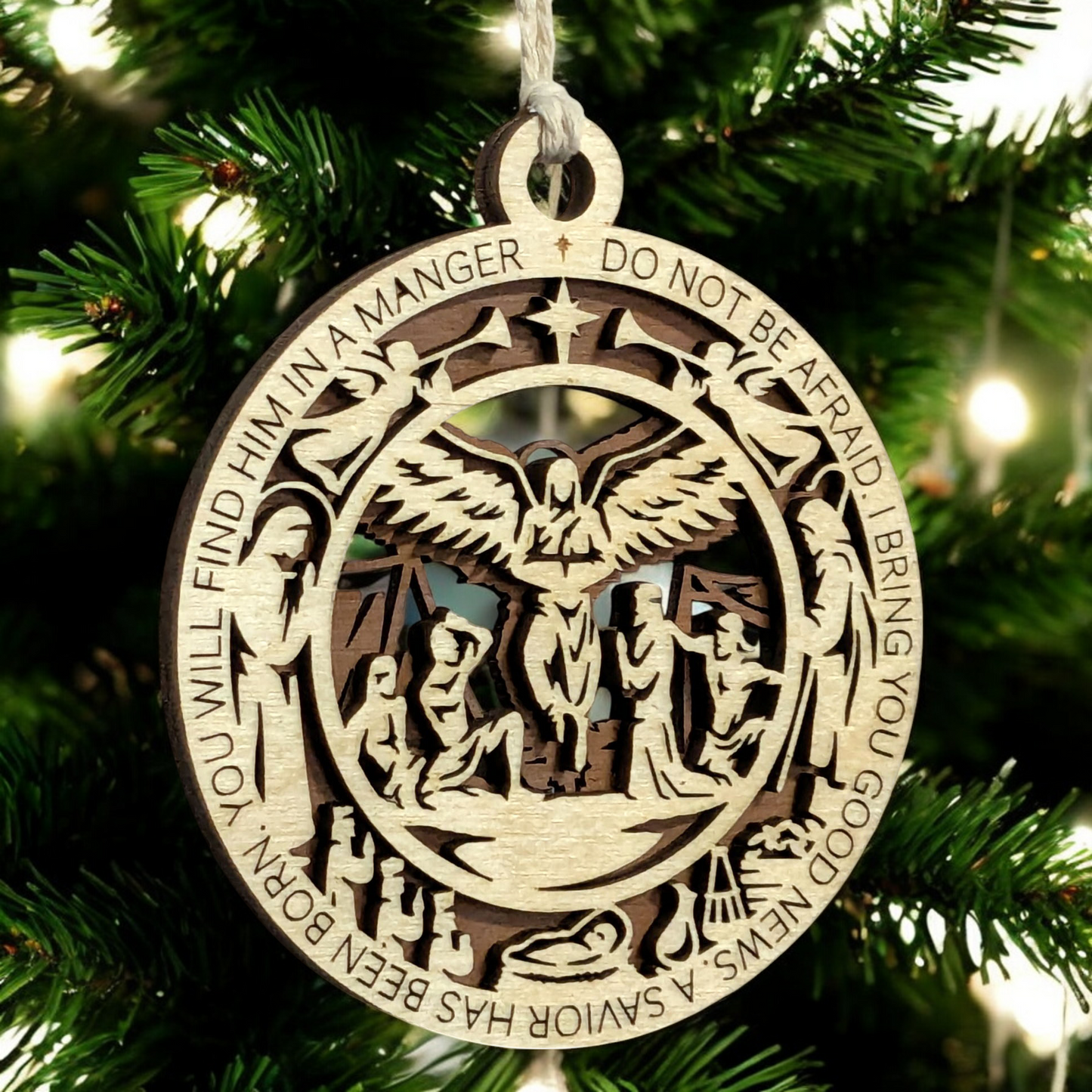 Handcrafted 3.5" Round Wooden Christmas Ornament, 2-Layer Laser Cut Design, Featuring Luke 2:10-11 Bible Verse & Angel Scene, Natural & Stained Wood, Christian Icons, Made in USA, Perfect Gift