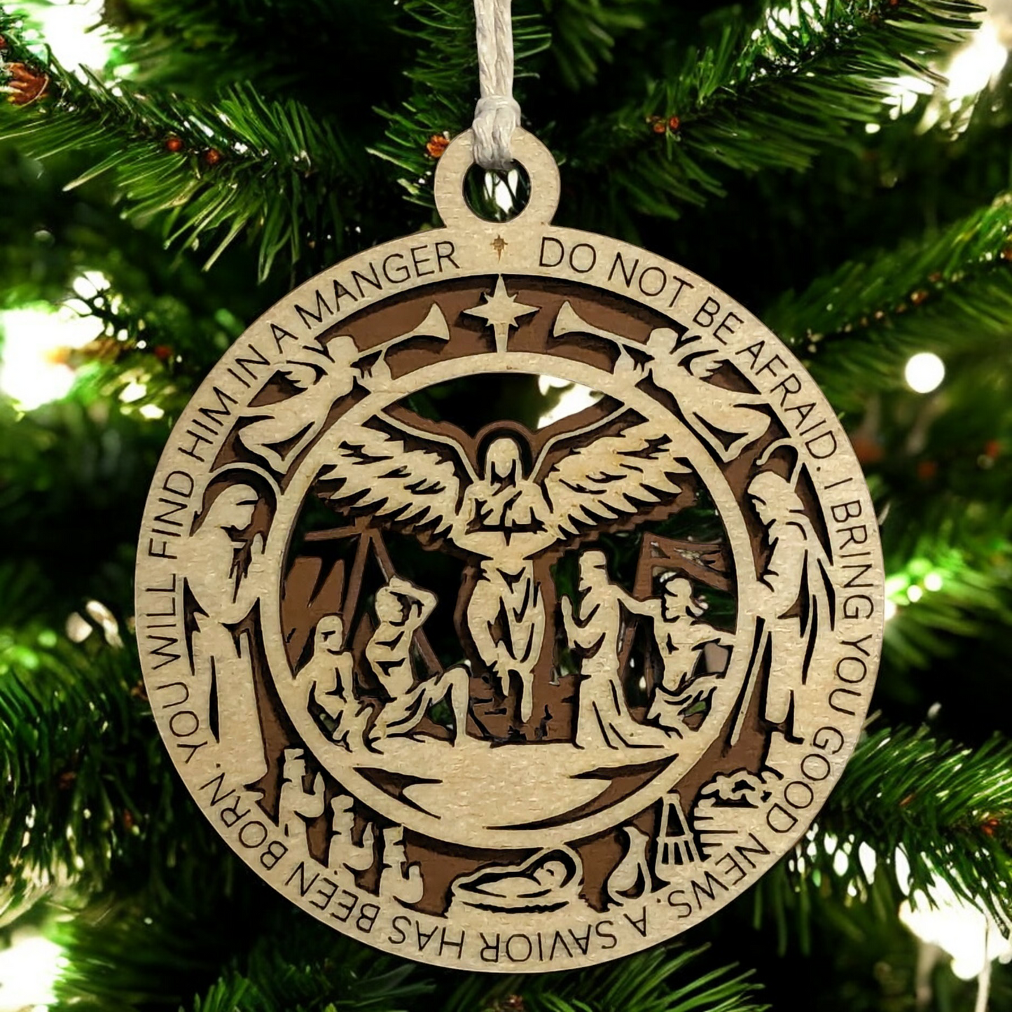 Handcrafted 3.5" Round Wooden Christmas Ornament, 2-Layer Laser Cut Design, Featuring Luke 2:10-11 Bible Verse & Angel Scene, Natural & Stained Wood, Christian Icons, Made in USA, Perfect Gift