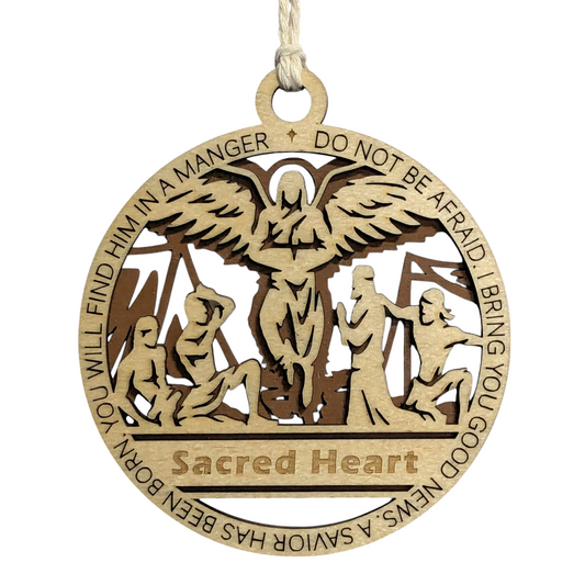 Handcrafted 3.5" Round Wooden Christmas Ornament, 2-Layer Laser Cut, Christmas Story Theme, Natural & Stained Wood, Luke 2:10-11 Angel Scene, Personalized Text Option, Made in USA
