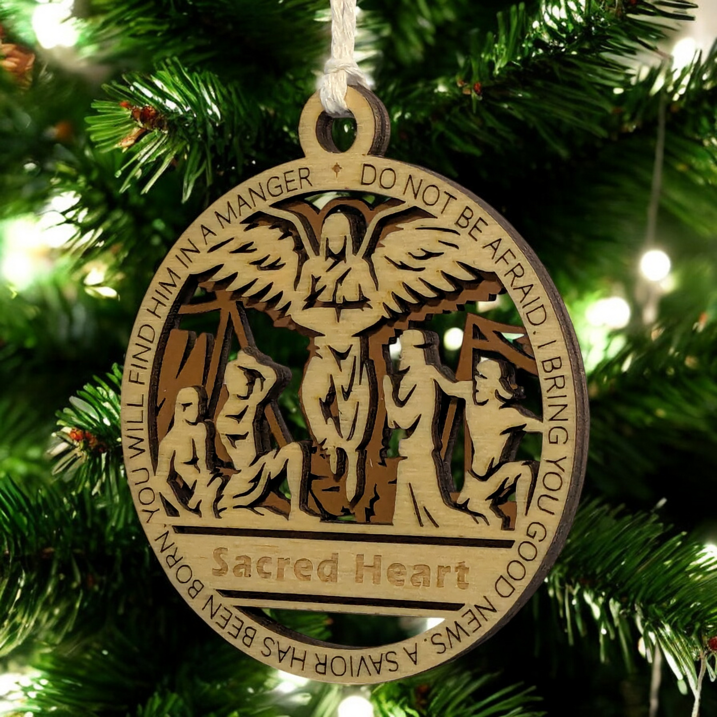 Handcrafted 3.5" Round Wooden Christmas Ornament, 2-Layer Laser Cut, Christmas Story Theme, Natural & Stained Wood, Luke 2:10-11 Angel Scene, Personalized Text Option, Made in USA