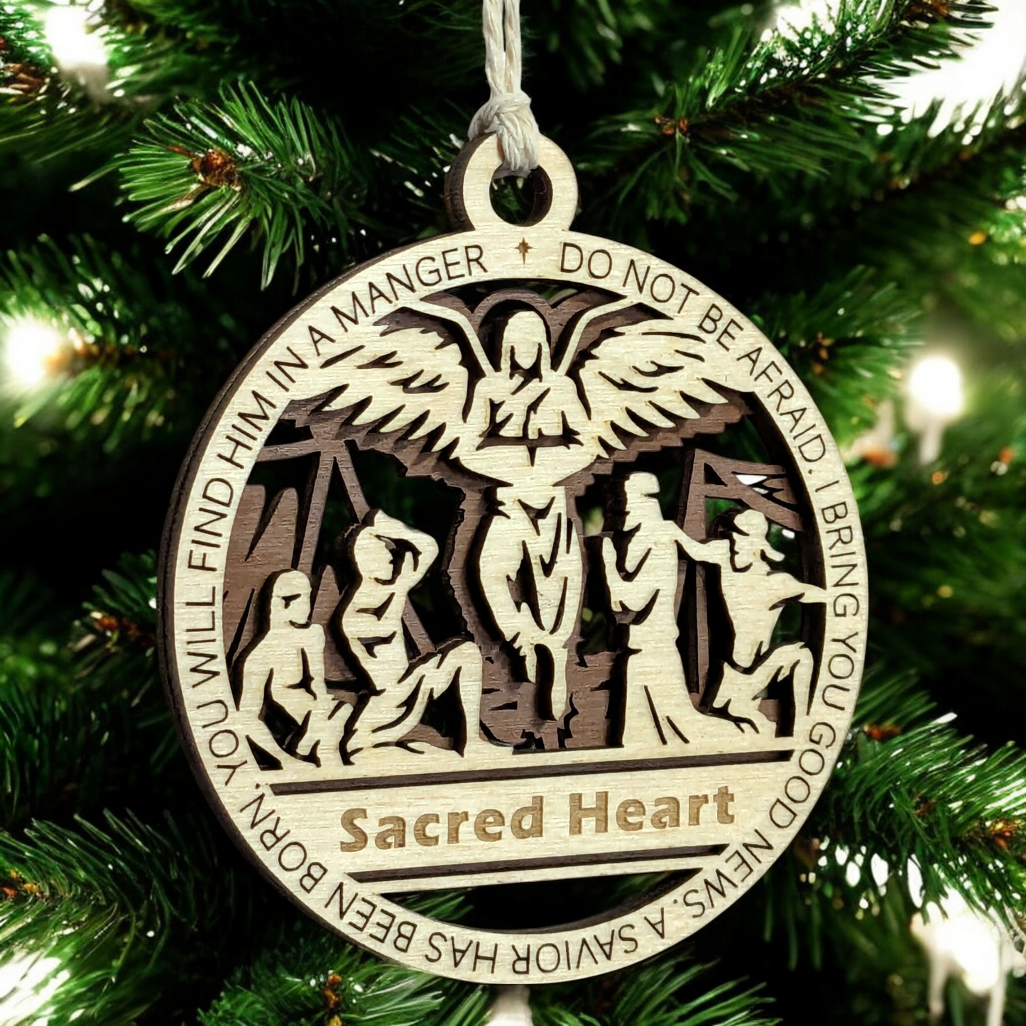 Handcrafted 3.5" Round Wooden Christmas Ornament, 2-Layer Laser Cut, Christmas Story Theme, Natural & Stained Wood, Luke 2:10-11 Angel Scene, Personalized Text Option, Made in USA