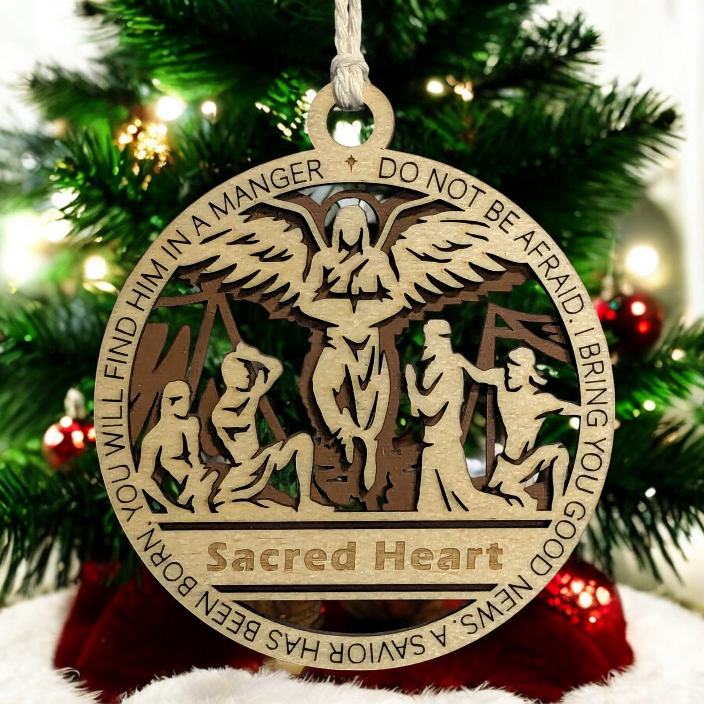 Handcrafted 3.5" Round Wooden Christmas Ornament, 2-Layer Laser Cut, Christmas Story Theme, Natural & Stained Wood, Luke 2:10-11 Angel Scene, Personalized Text Option, Made in USA