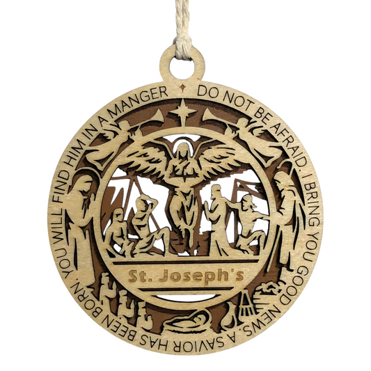 Handcrafted 3.5" Wooden Christmas Ornament, Laser Cut 2-Layer Design, Luke 2:10-11 Bible Verse, Angel Scene, Personalizable, Christian Icons, Made in USA, Perfect Holiday Gift, Unique Decor