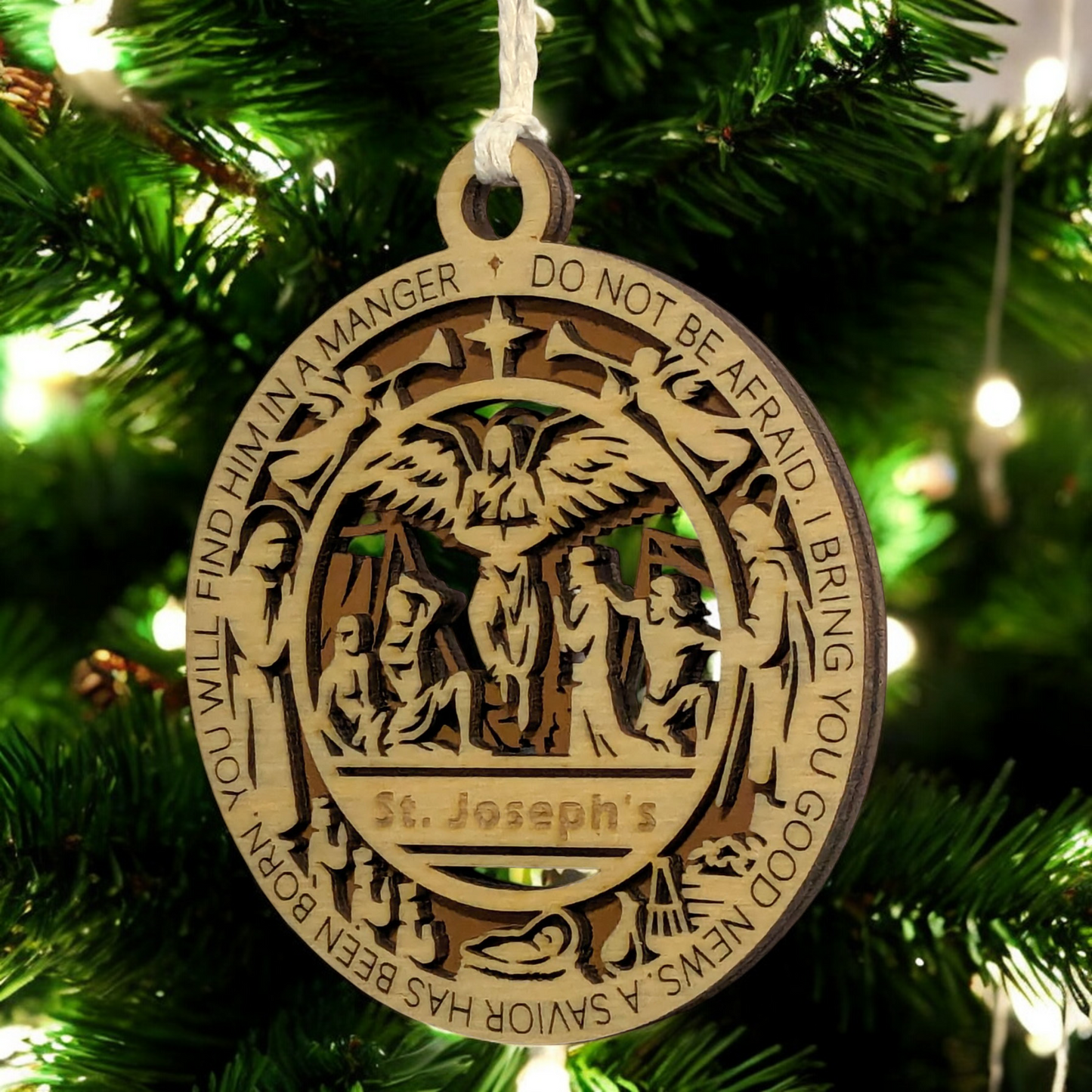 Handcrafted 3.5" Wooden Christmas Ornament, Laser Cut 2-Layer Design, Luke 2:10-11 Bible Verse, Angel Scene, Personalizable, Christian Icons, Made in USA, Perfect Holiday Gift, Unique Decor