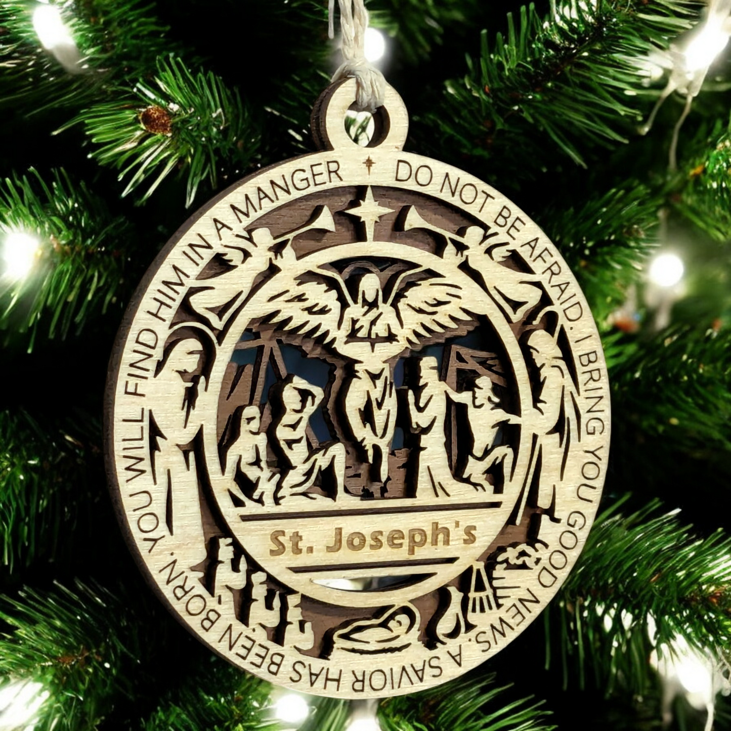 Handcrafted 3.5" Wooden Christmas Ornament, Laser Cut 2-Layer Design, Luke 2:10-11 Bible Verse, Angel Scene, Personalizable, Christian Icons, Made in USA, Perfect Holiday Gift, Unique Decor