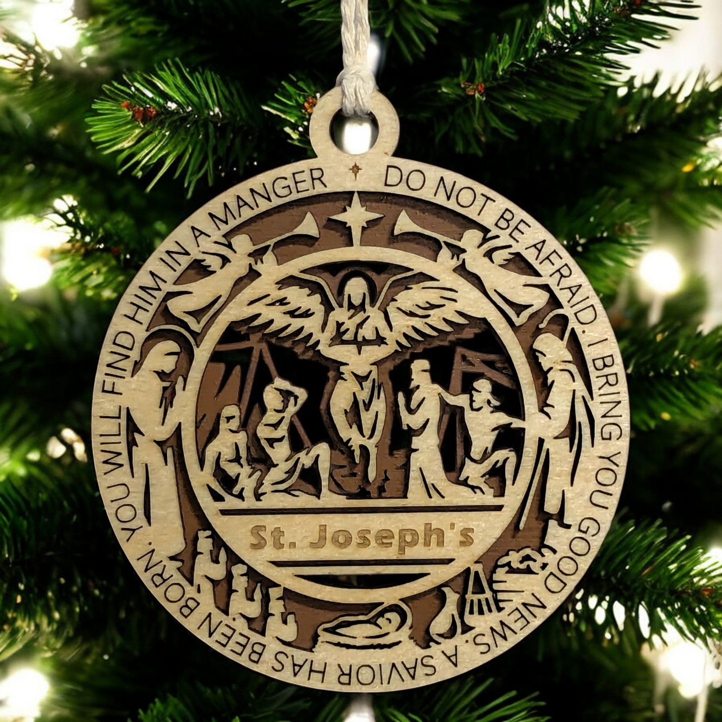 Handcrafted 3.5" Wooden Christmas Ornament, Laser Cut 2-Layer Design, Luke 2:10-11 Bible Verse, Angel Scene, Personalizable, Christian Icons, Made in USA, Perfect Holiday Gift, Unique Decor