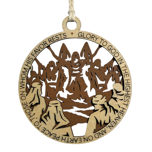Handcrafted 3.5" Round Wooden Christmas Ornament, 2-Layer Laser Cut Design, Natural & Stained Wood, Featuring Luke 2:14 Bible Verse & Disciples Scene, Made in USA - Perfect Holiday Decor Gift