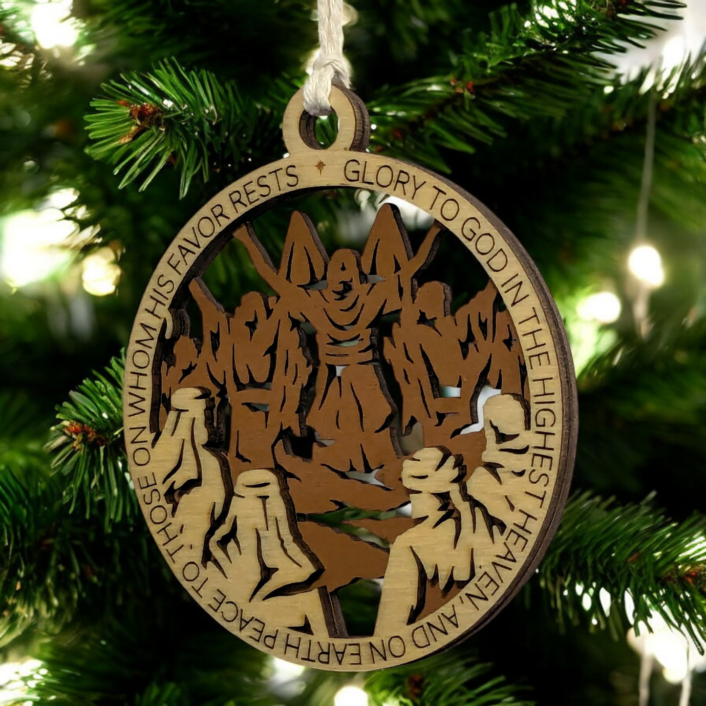 Handcrafted 3.5" Round Wooden Christmas Ornament, 2-Layer Laser Cut Design, Natural & Stained Wood, Featuring Luke 2:14 Bible Verse & Disciples Scene, Made in USA - Perfect Holiday Decor Gift
