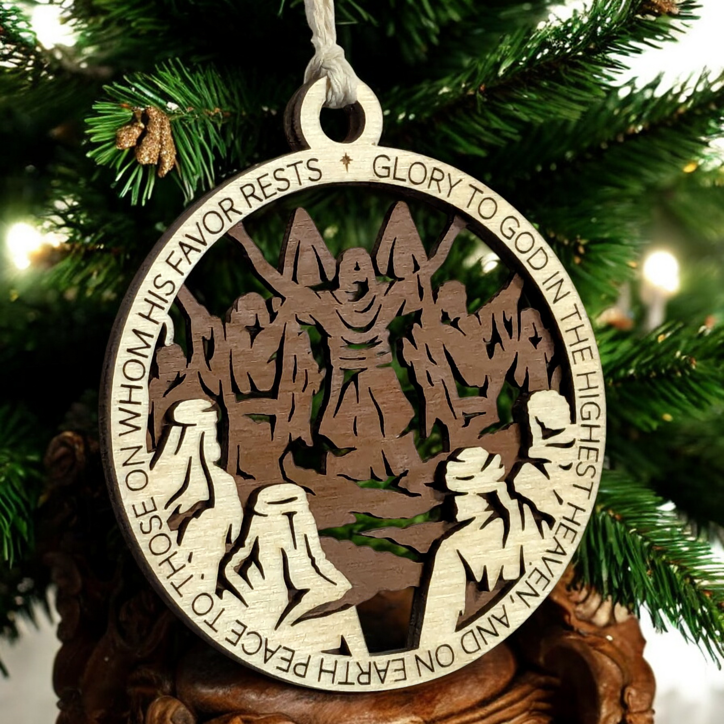 Handcrafted 3.5" Round Wooden Christmas Ornament, 2-Layer Laser Cut Design, Natural & Stained Wood, Featuring Luke 2:14 Bible Verse & Disciples Scene, Made in USA - Perfect Holiday Decor Gift
