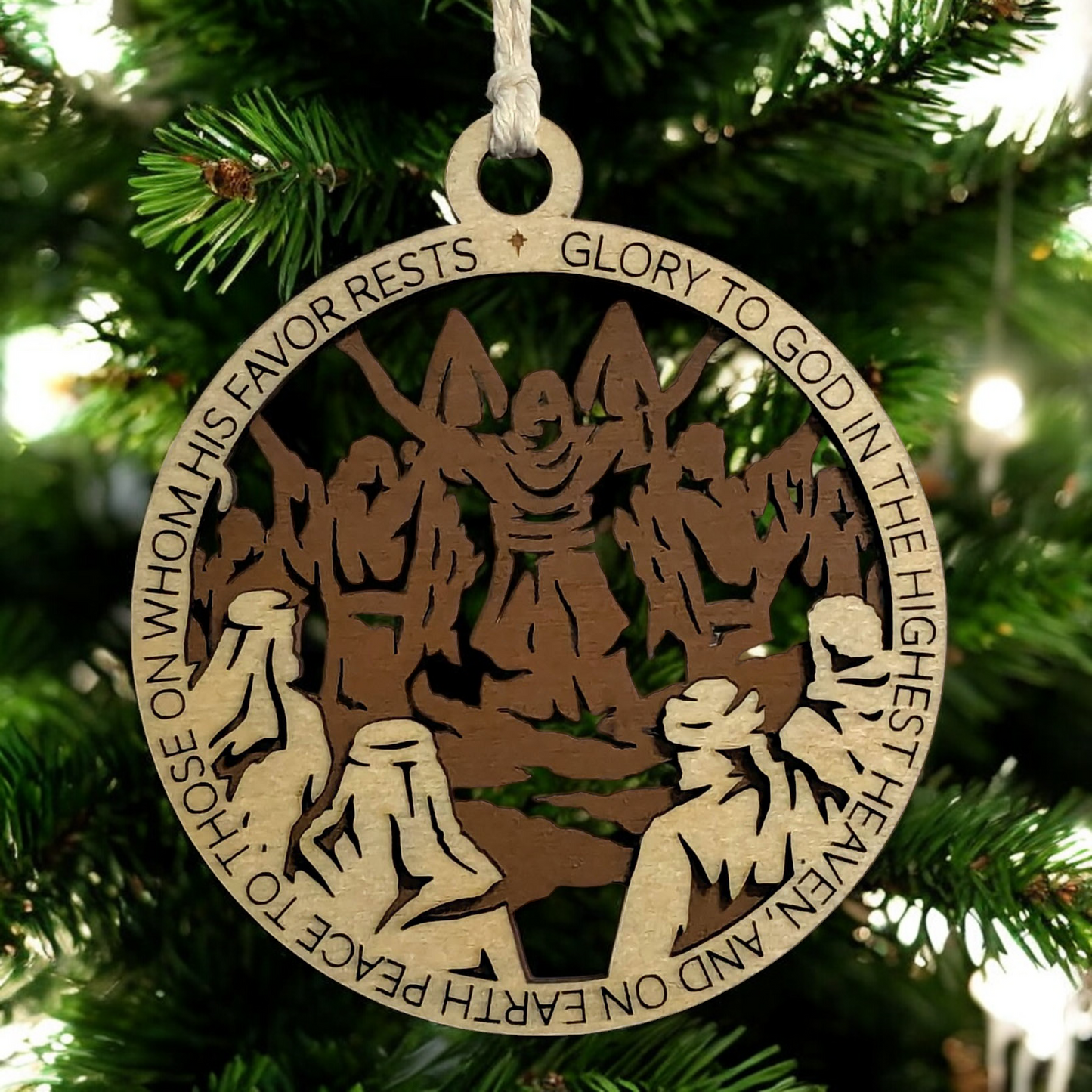 Handcrafted 3.5" Round Wooden Christmas Ornament, 2-Layer Laser Cut Design, Natural & Stained Wood, Featuring Luke 2:14 Bible Verse & Disciples Scene, Made in USA - Perfect Holiday Decor Gift