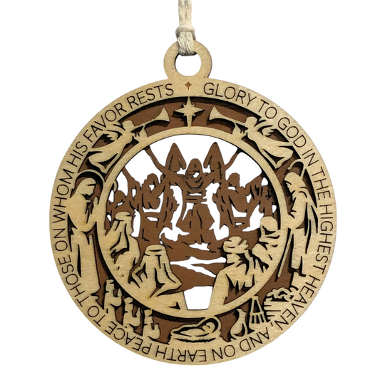 Handcrafted 3.5" Round Wooden Christmas Ornament, 2-Layer Laser Cut, Christmas Story Theme, Luke 2:14 Verse, Disciples Scene, Christian Icons, Made in USA, Perfect Holiday Decor Gift