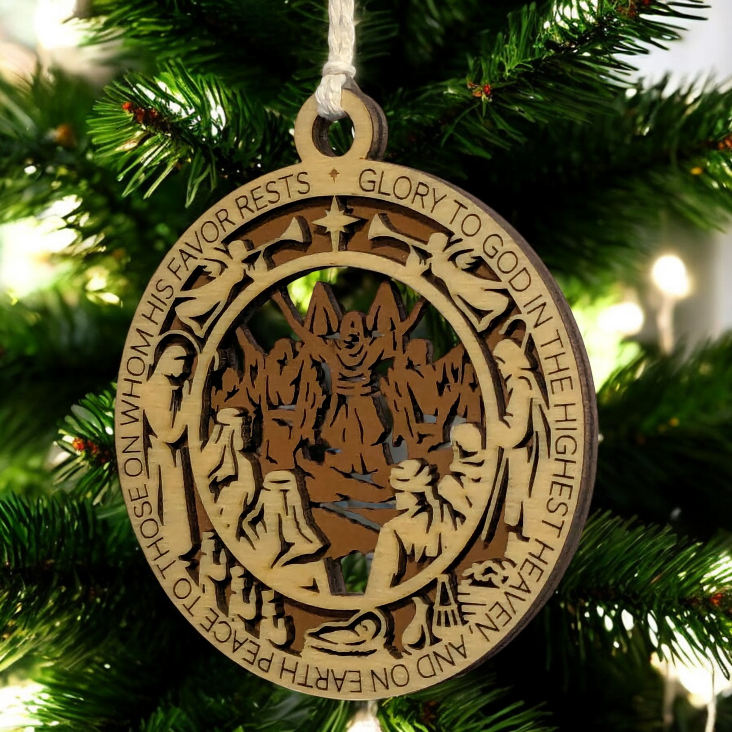 Handcrafted 3.5" Round Wooden Christmas Ornament, 2-Layer Laser Cut, Christmas Story Theme, Luke 2:14 Verse, Disciples Scene, Christian Icons, Made in USA, Perfect Holiday Decor Gift