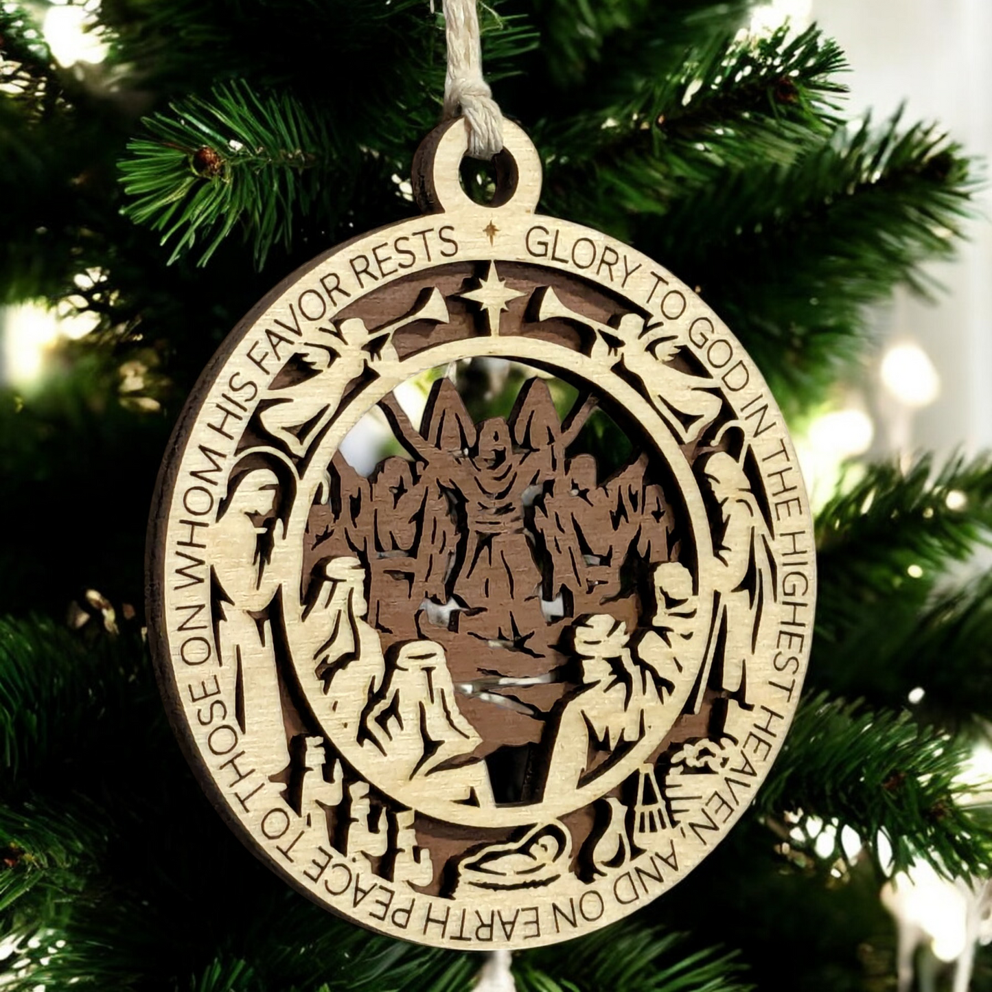 Handcrafted 3.5" Round Wooden Christmas Ornament, 2-Layer Laser Cut, Christmas Story Theme, Luke 2:14 Verse, Disciples Scene, Christian Icons, Made in USA, Perfect Holiday Decor Gift