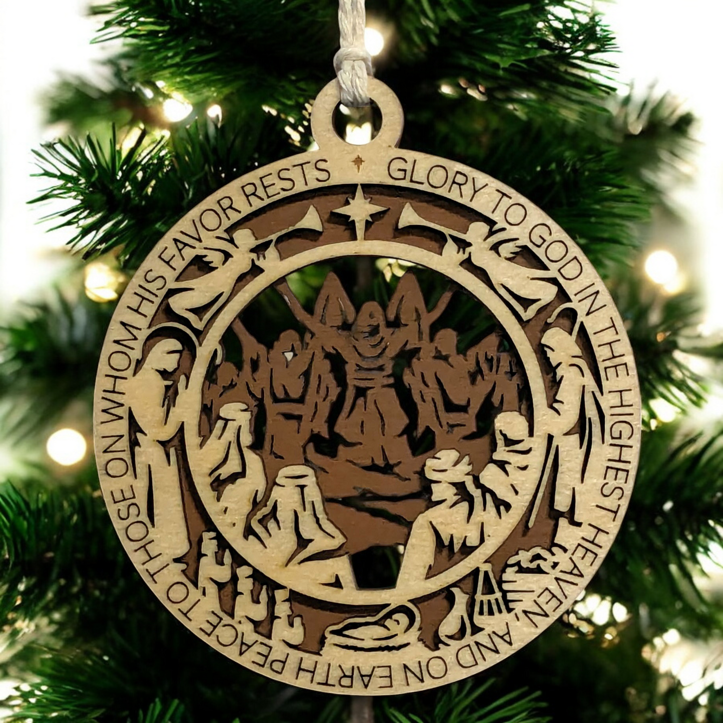 Handcrafted 3.5" Round Wooden Christmas Ornament, 2-Layer Laser Cut, Christmas Story Theme, Luke 2:14 Verse, Disciples Scene, Christian Icons, Made in USA, Perfect Holiday Decor Gift