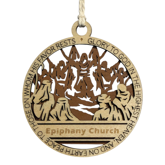 Handcrafted 3.5" Round Wooden Christmas Ornament, 2-Layer Laser Cut, Christmas Story Theme, Natural & Stained Wood, Features Luke 2:14, Disciples Scene, Personalize with Name/Church, Made in USA