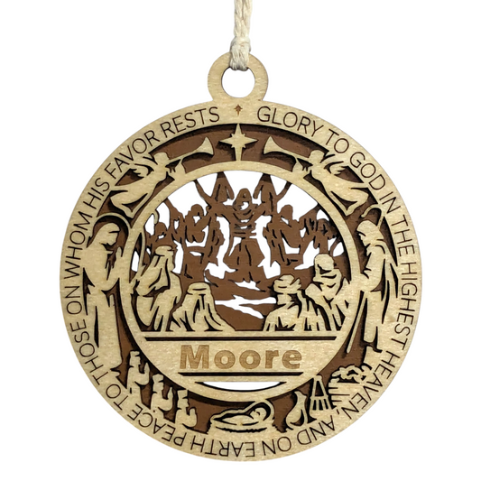 Handcrafted 3.5" Wooden Christmas Ornament, Laser Cut 2-Layer Design, Luke 2:14 Bible Verse, Christian Story Icons, Personalize with Name/Church, USA Made, Perfect Holiday Gift, Unique Decor