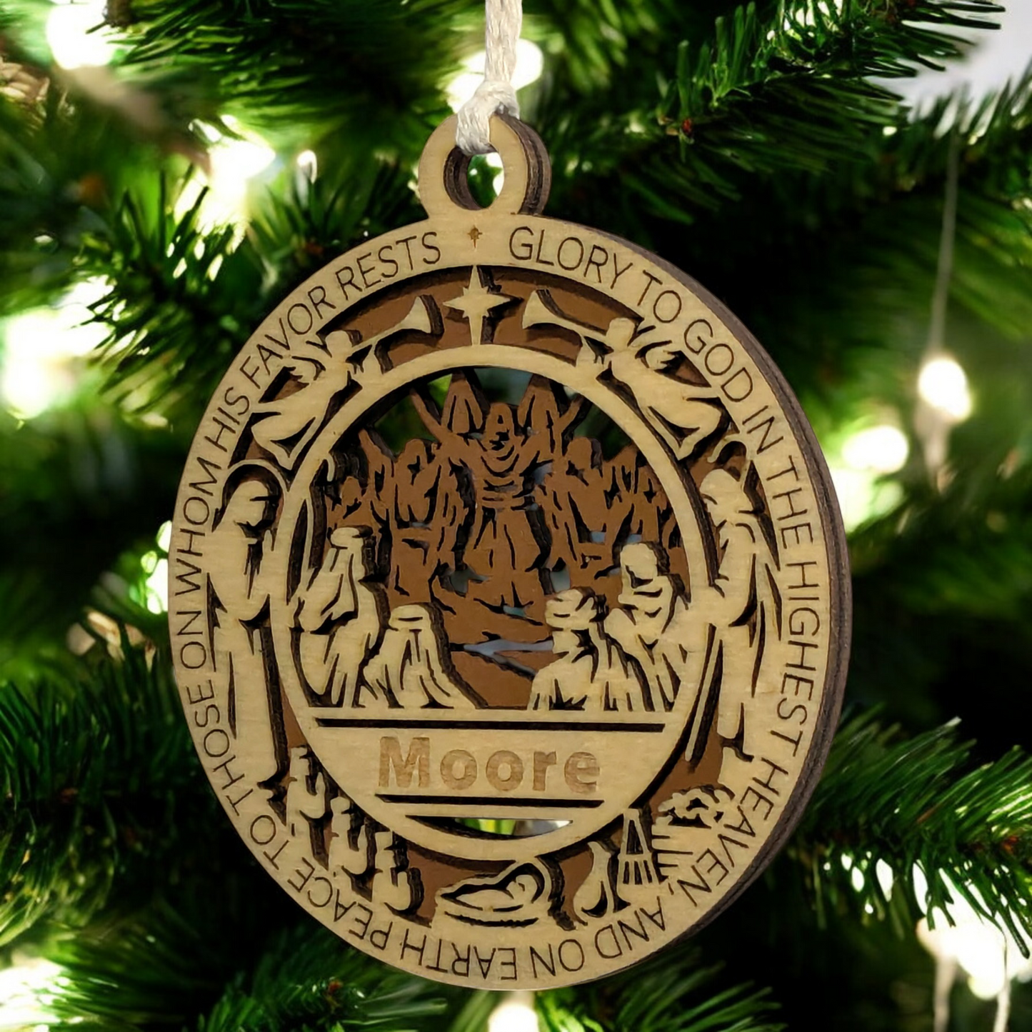Handcrafted 3.5" Wooden Christmas Ornament, Laser Cut 2-Layer Design, Luke 2:14 Bible Verse, Christian Story Icons, Personalize with Name/Church, USA Made, Perfect Holiday Gift, Unique Decor
