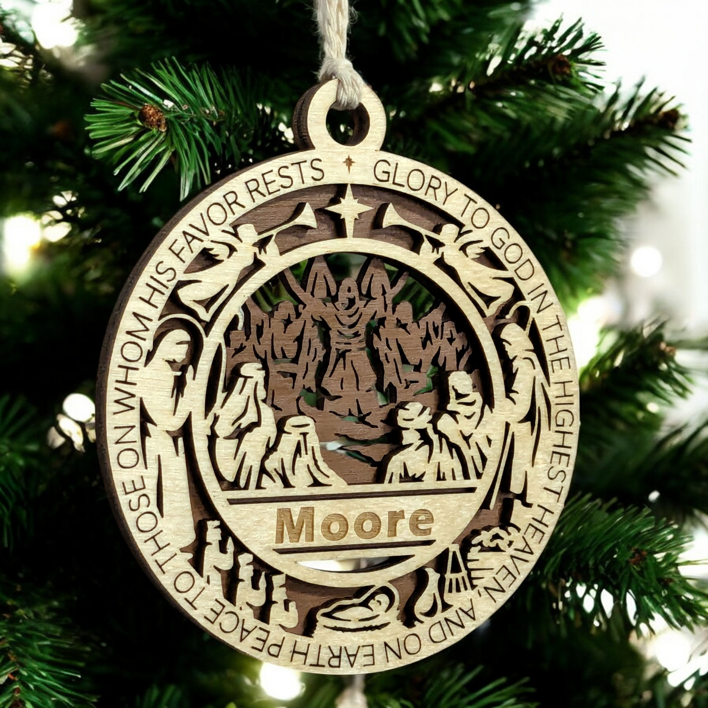 Handcrafted 3.5" Wooden Christmas Ornament, Laser Cut 2-Layer Design, Luke 2:14 Bible Verse, Christian Story Icons, Personalize with Name/Church, USA Made, Perfect Holiday Gift, Unique Decor