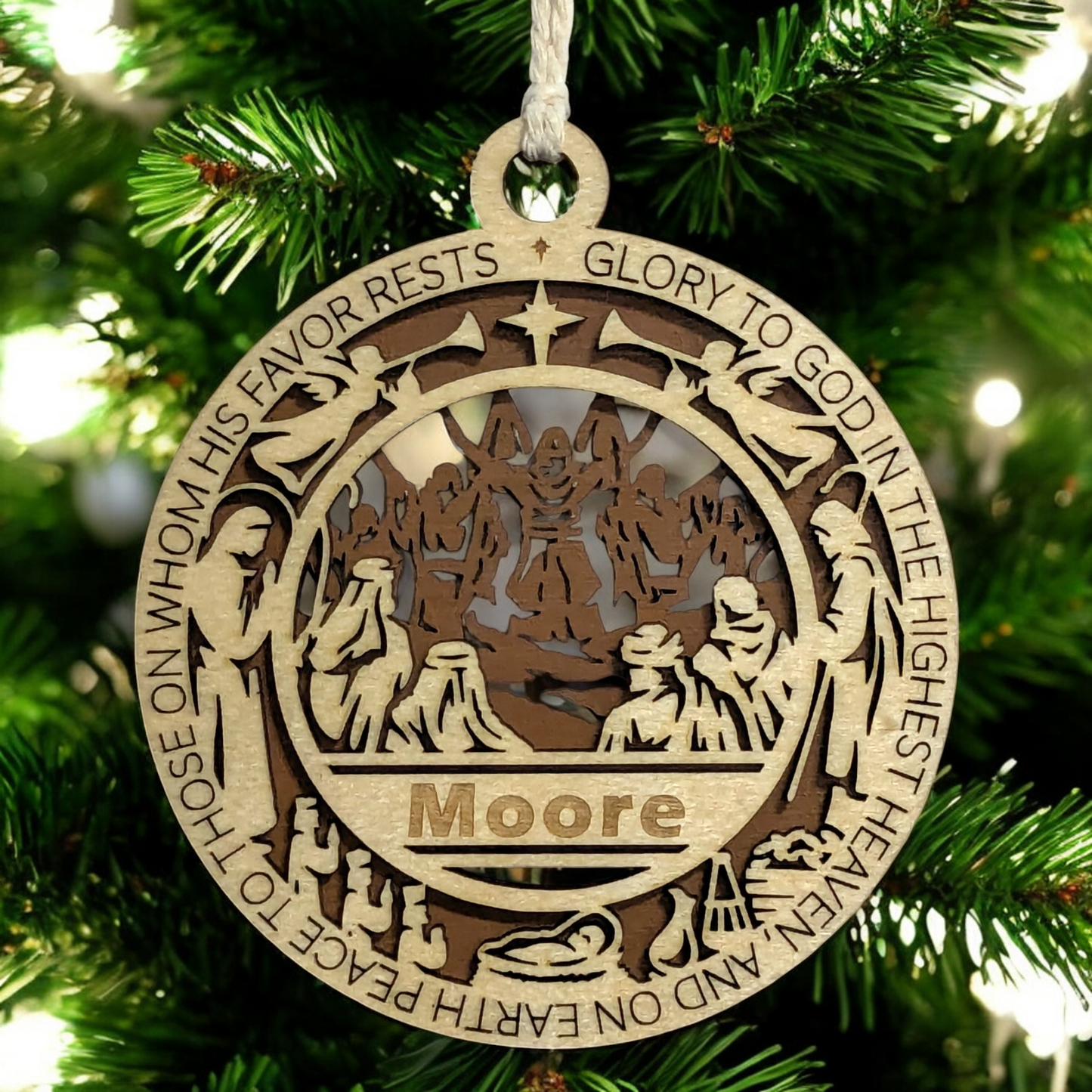 Handcrafted 3.5" Wooden Christmas Ornament, Laser Cut 2-Layer Design, Luke 2:14 Bible Verse, Christian Story Icons, Personalize with Name/Church, USA Made, Perfect Holiday Gift, Unique Decor