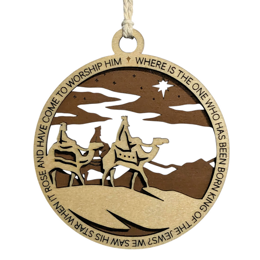 Handcrafted 3.5" Round Wooden Christmas Ornament, 2-Layer Laser Cut Design, Natural & Stained Wood, Featuring Matthew 2:2 Bible Verse & Wise Men Scene, Made in USA, Perfect Holiday Decor Gift