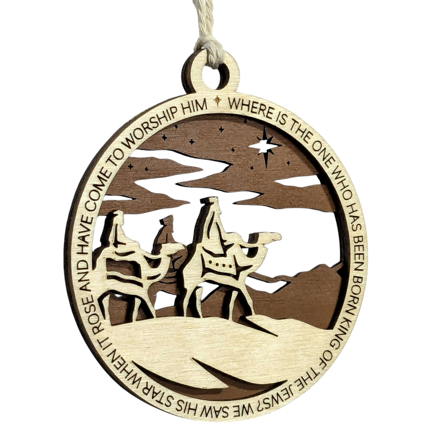 Handcrafted 3.5" Round Wooden Christmas Ornament, 2-Layer Laser Cut Design, Natural & Stained Wood, Featuring Matthew 2:2 Bible Verse & Wise Men Scene, Made in USA, Perfect Holiday Decor Gift