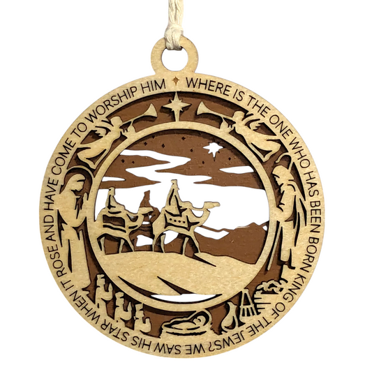 Handcrafted 3.5" Wooden Christmas Ornament, 2-Layer Laser Cut, USA Made, Featuring Matthew 2:2, Wise Men Scene, Christian Icons: Angels, Mary, Joseph, Baby Jesus, Gold, Frankincense & Myrrh