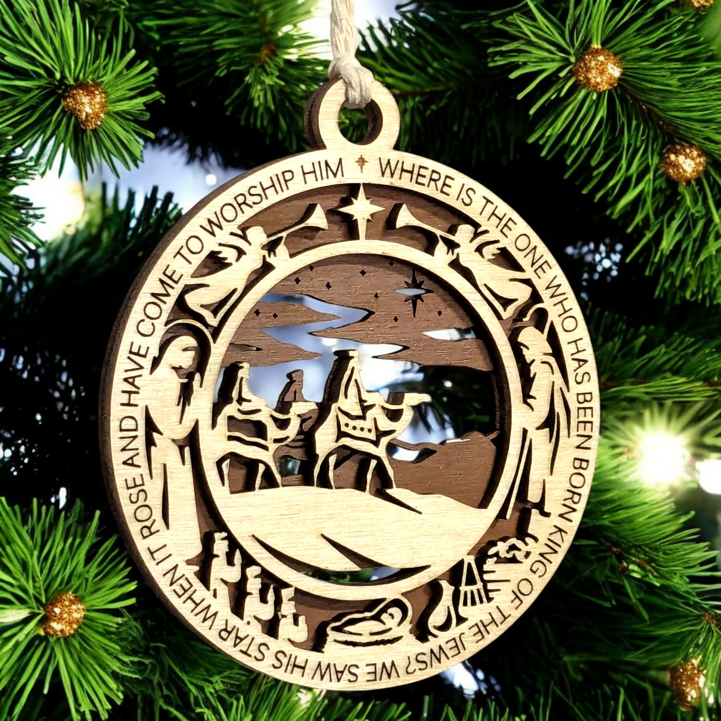 Handcrafted 3.5" Wooden Christmas Ornament, 2-Layer Laser Cut, USA Made, Featuring Matthew 2:2, Wise Men Scene, Christian Icons: Angels, Mary, Joseph, Baby Jesus, Gold, Frankincense & Myrrh
