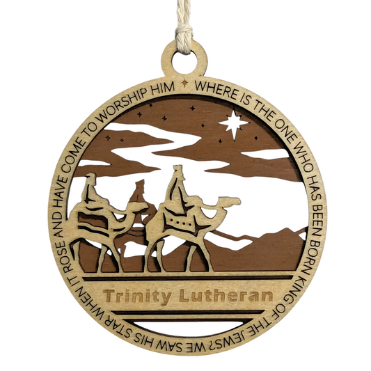 Handcrafted 3.5" Round Wooden Christmas Ornament, 2-Layer Laser Cut Design, Natural & Stained Wood, Featuring Matthew 2:2 & Wise Men Scene, Personalizable Text Space, Made in USA, Holiday Decor