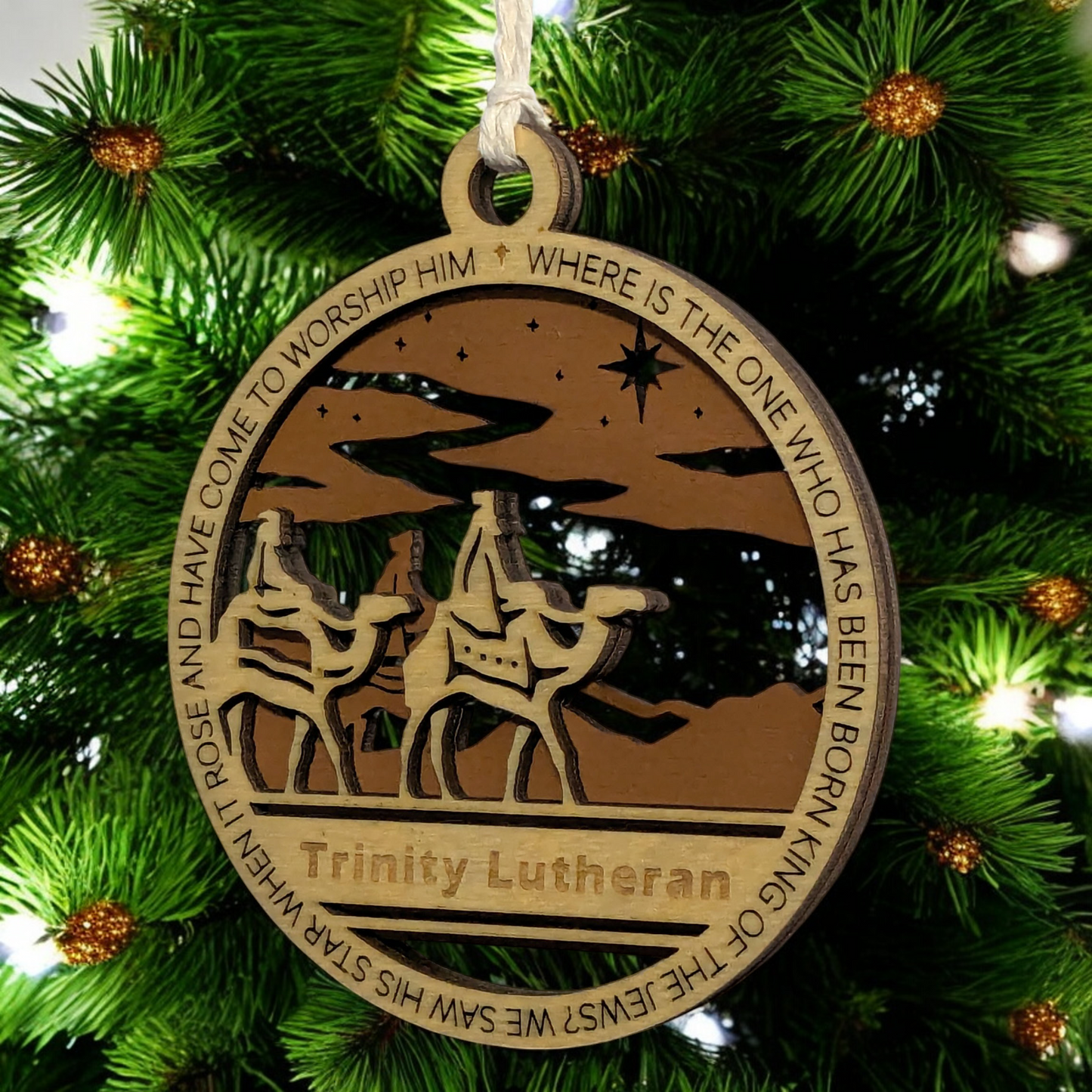 Handcrafted 3.5" Round Wooden Christmas Ornament, 2-Layer Laser Cut Design, Natural & Stained Wood, Featuring Matthew 2:2 & Wise Men Scene, Personalizable Text Space, Made in USA, Holiday Decor