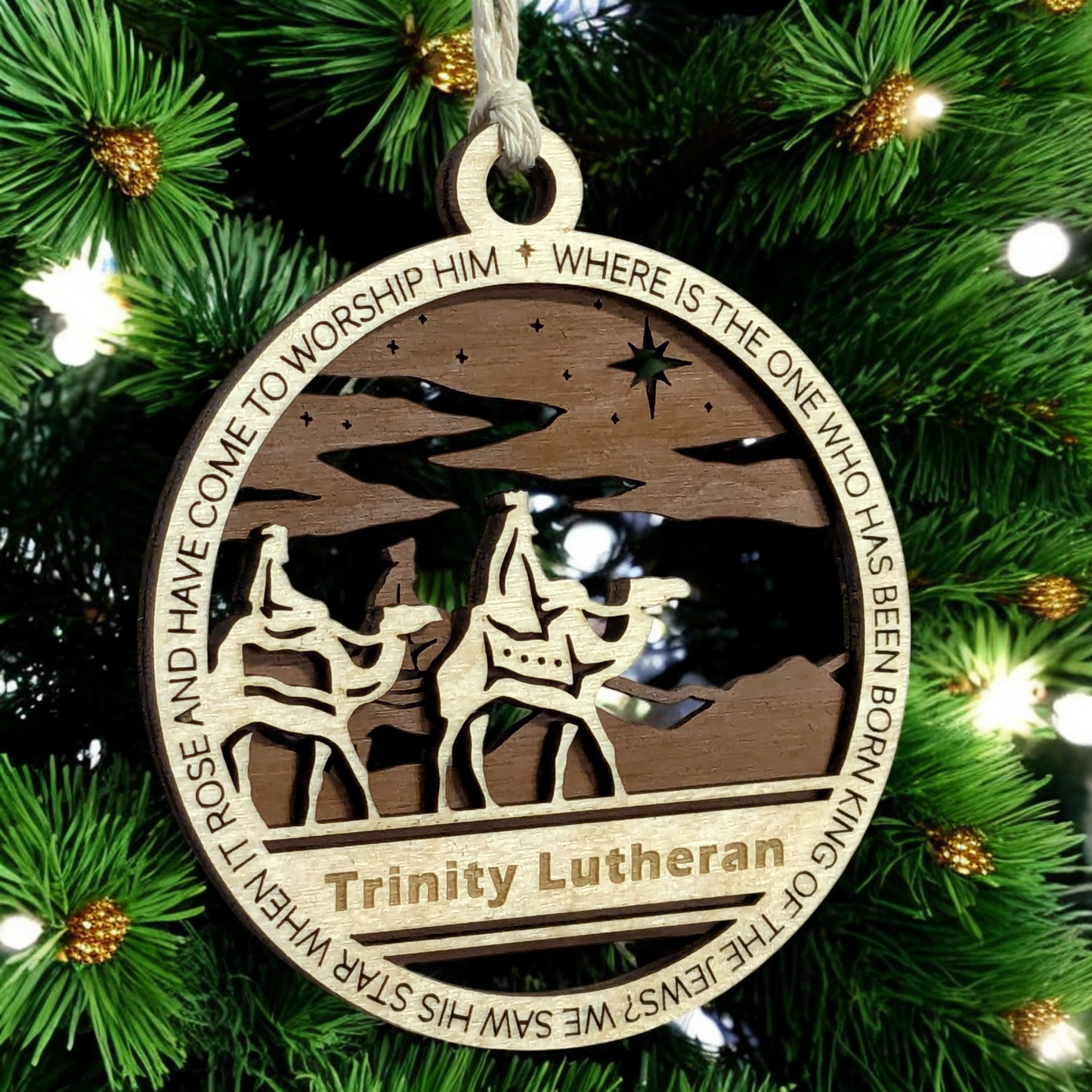 Handcrafted 3.5" Round Wooden Christmas Ornament, 2-Layer Laser Cut Design, Natural & Stained Wood, Featuring Matthew 2:2 & Wise Men Scene, Personalizable Text Space, Made in USA, Holiday Decor
