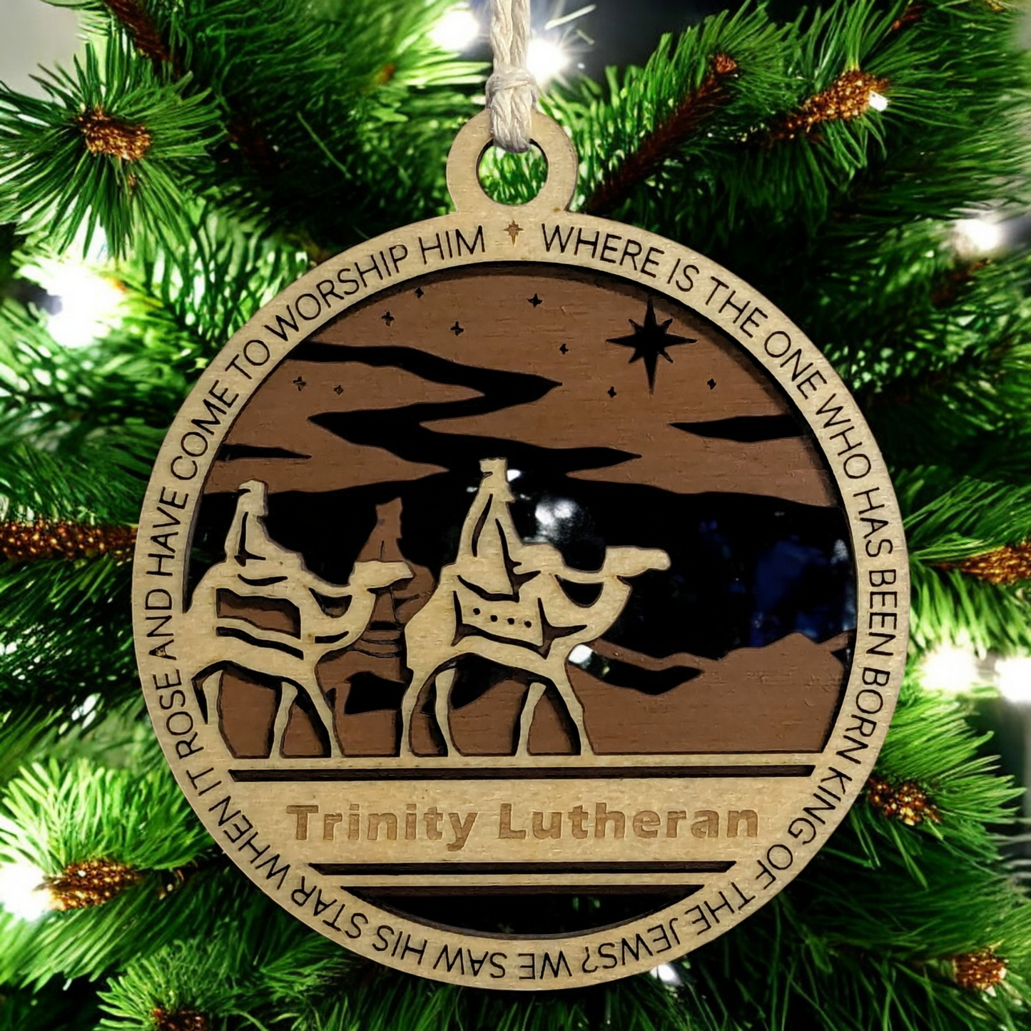 Handcrafted 3.5" Round Wooden Christmas Ornament, 2-Layer Laser Cut Design, Natural & Stained Wood, Featuring Matthew 2:2 & Wise Men Scene, Personalizable Text Space, Made in USA, Holiday Decor