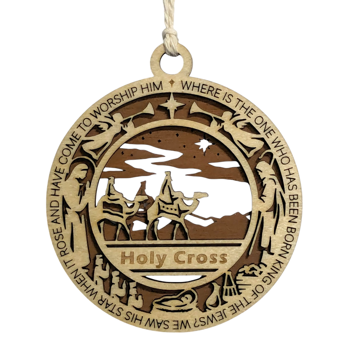 Handcrafted 3.5" Wooden Christmas Ornament, 2-Layer Laser Cut, Bible Verse Matthew 2:2, Wise Men Scene, Personalized Text Space, Christian Icons, Made in USA, Perfect Holiday Gift Decor