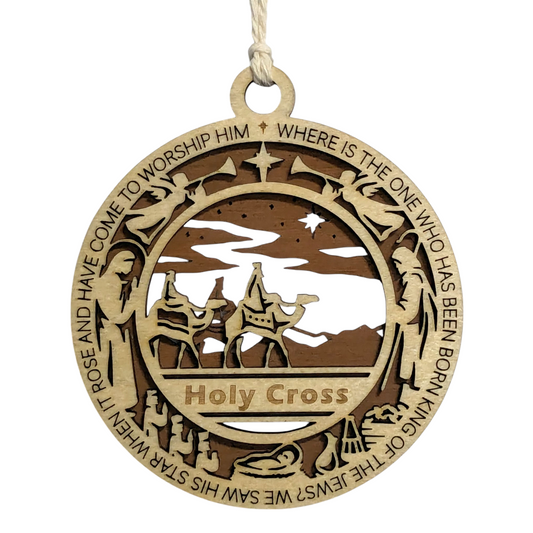 Handcrafted 3.5" Wooden Christmas Ornament, 2-Layer Laser Cut, Bible Verse Matthew 2:2, Wise Men Scene, Personalized Text Space, Christian Icons, Made in USA, Perfect Holiday Gift Decor
