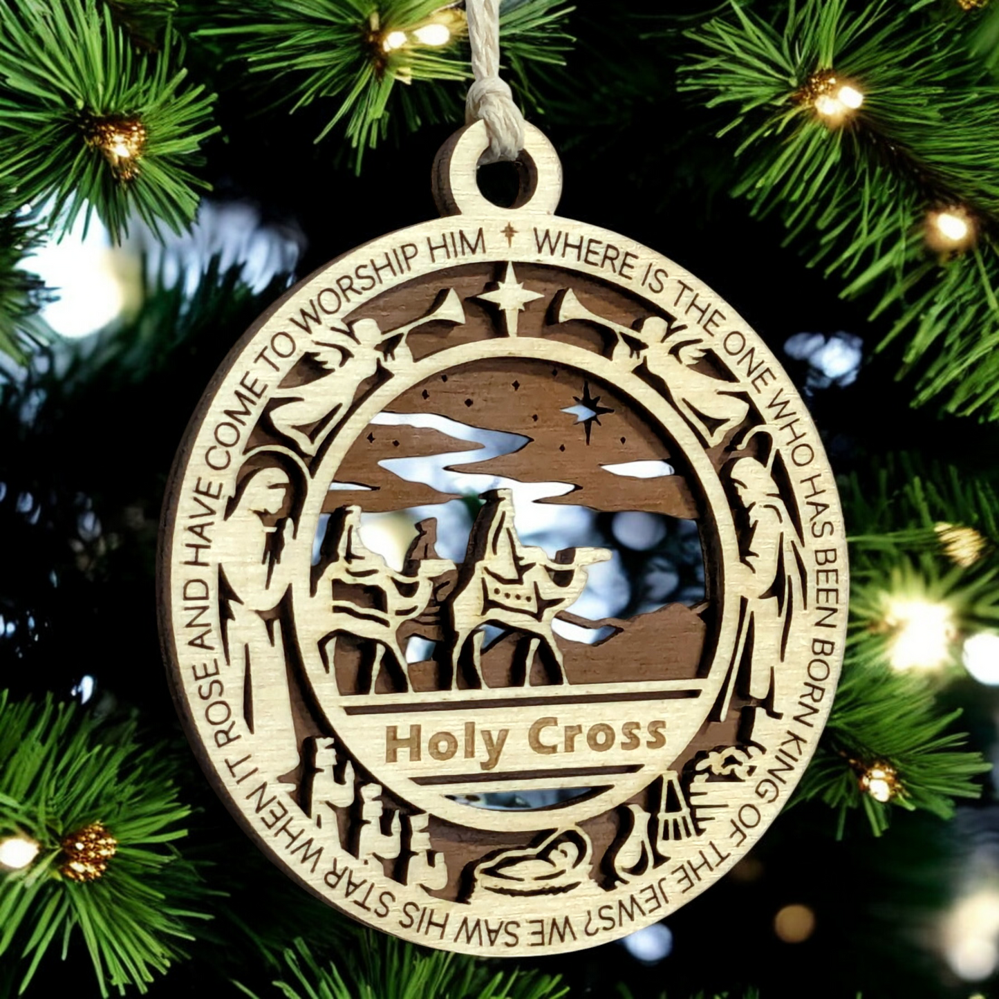 Handcrafted 3.5" Wooden Christmas Ornament, 2-Layer Laser Cut, Bible Verse Matthew 2:2, Wise Men Scene, Personalized Text Space, Christian Icons, Made in USA, Perfect Holiday Gift Decor