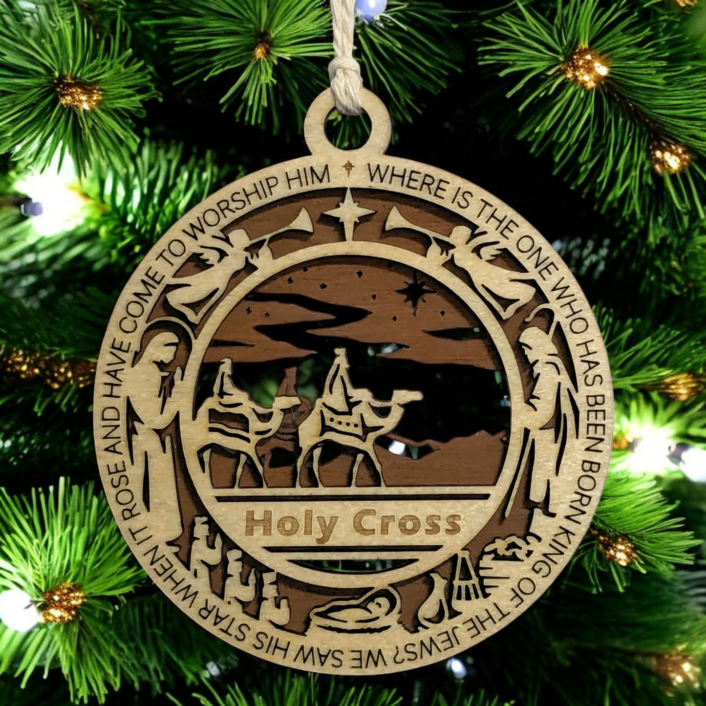 Handcrafted 3.5" Wooden Christmas Ornament, 2-Layer Laser Cut, Bible Verse Matthew 2:2, Wise Men Scene, Personalized Text Space, Christian Icons, Made in USA, Perfect Holiday Gift Decor
