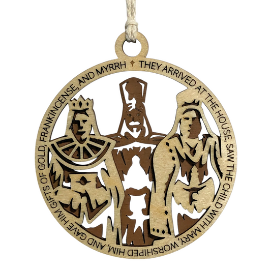 Handcrafted 3.5" Round Wooden Christmas Ornament, 2-Layer Laser Cut Design, Natural & Stained Wood, Featuring Bible Verse Matthew 2:11 & Three Wise Men Scene, Made in USA, Perfect Holiday Decor Gift