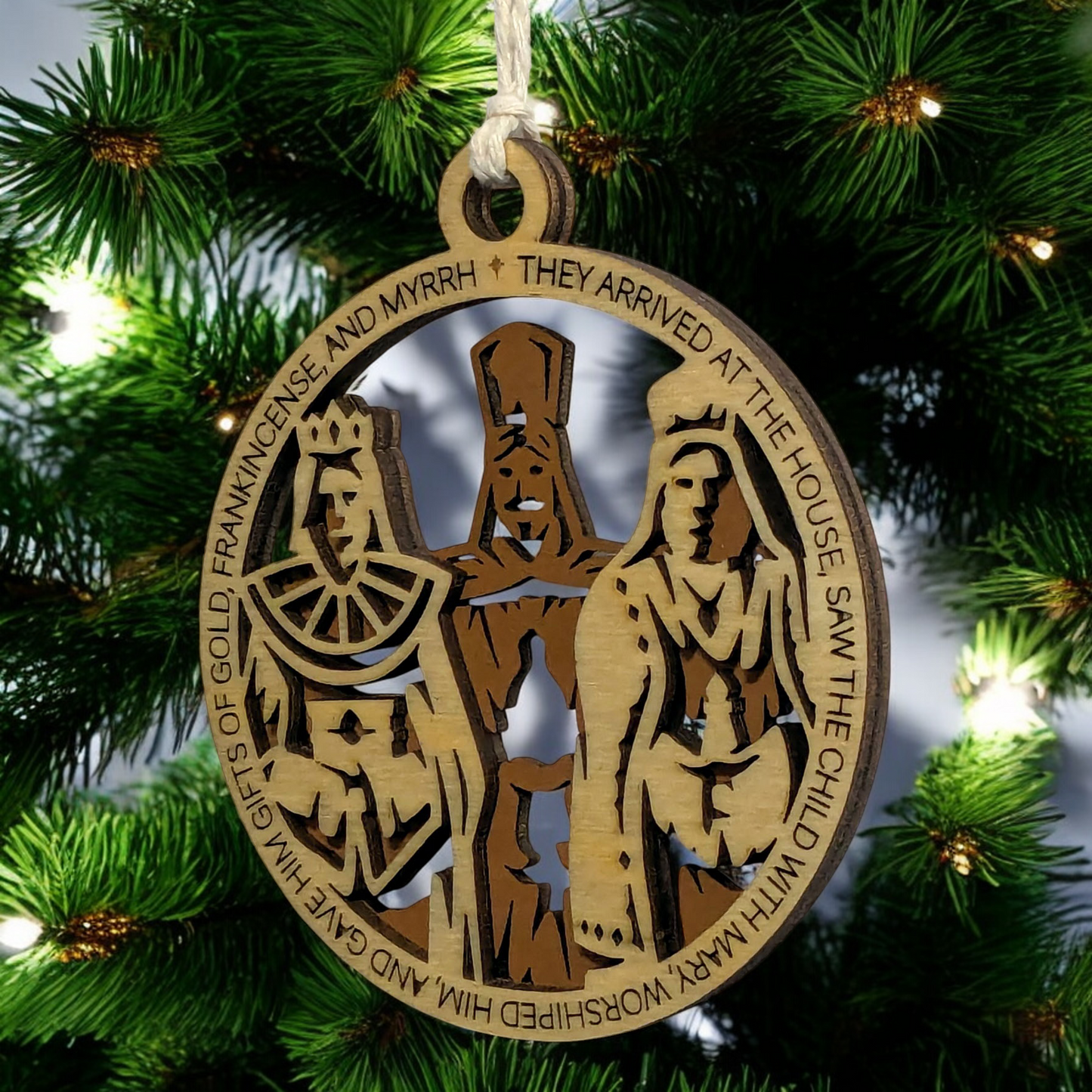Handcrafted 3.5" Round Wooden Christmas Ornament, 2-Layer Laser Cut Design, Natural & Stained Wood, Featuring Bible Verse Matthew 2:11 & Three Wise Men Scene, Made in USA, Perfect Holiday Decor Gift