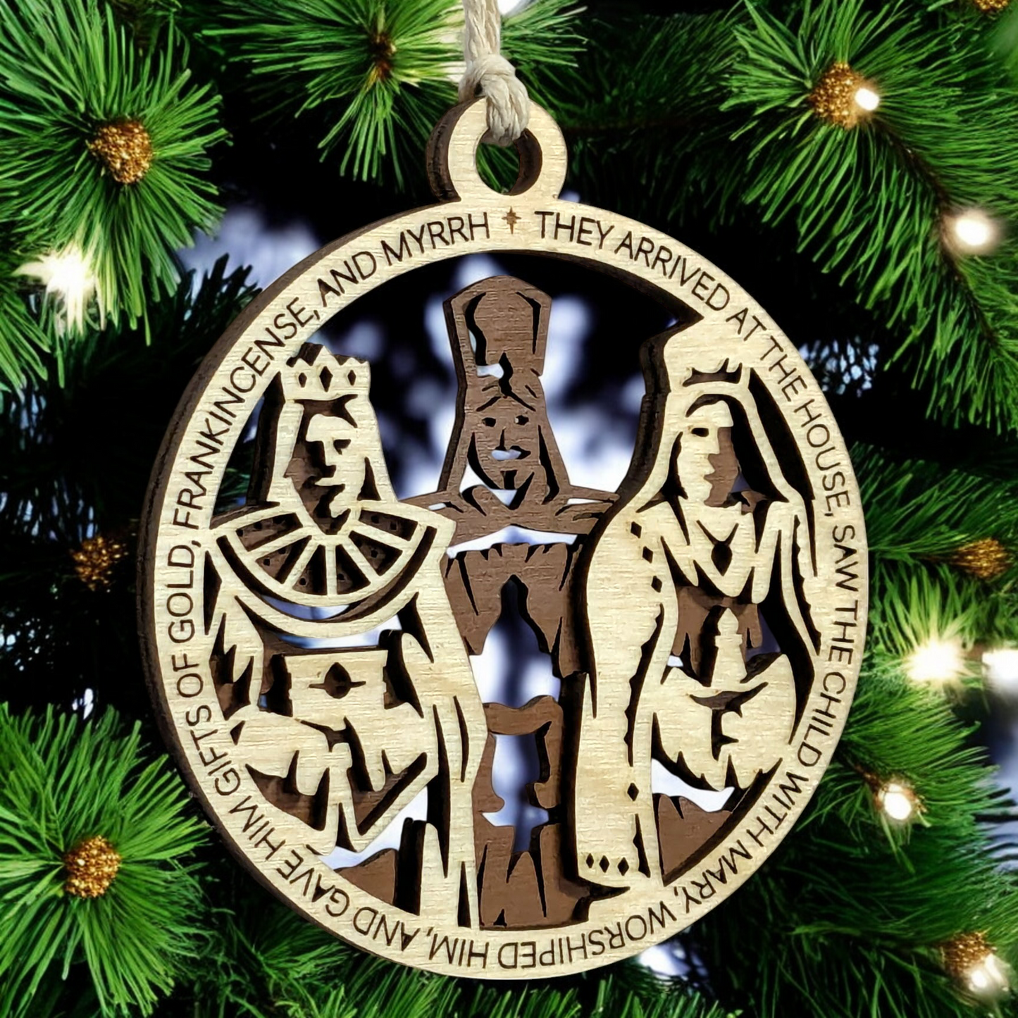 Handcrafted 3.5" Round Wooden Christmas Ornament, 2-Layer Laser Cut Design, Natural & Stained Wood, Featuring Bible Verse Matthew 2:11 & Three Wise Men Scene, Made in USA, Perfect Holiday Decor Gift