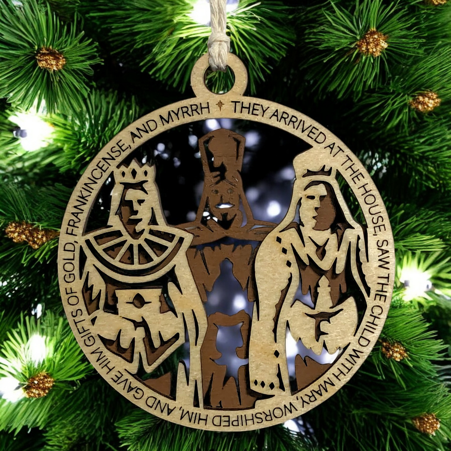 Handcrafted 3.5" Round Wooden Christmas Ornament, 2-Layer Laser Cut Design, Natural & Stained Wood, Featuring Bible Verse Matthew 2:11 & Three Wise Men Scene, Made in USA, Perfect Holiday Decor Gift
