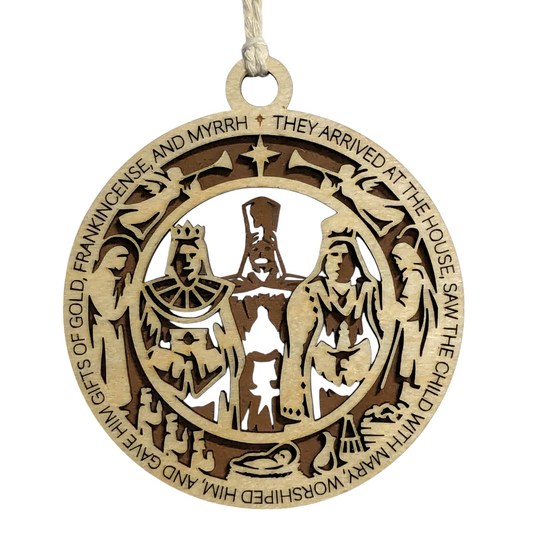 Handcrafted 3.5" Round Wooden Christmas Ornament, 2-Layer Laser Cut Design, Natural & Stained Wood, Featuring Matthew 2:11, Three Wise Men Scene, Christian Icons, Made in USA, Perfect Holiday Gift