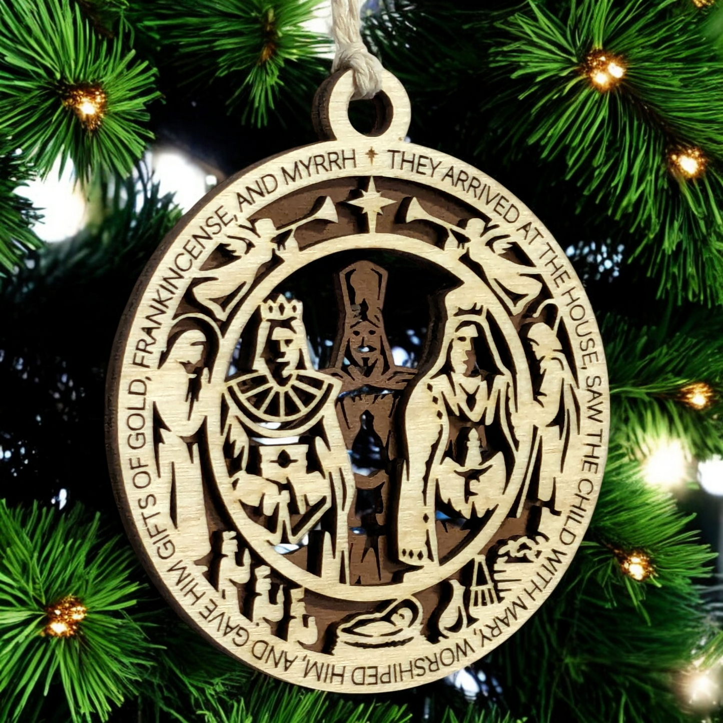 Handcrafted 3.5" Round Wooden Christmas Ornament, 2-Layer Laser Cut Design, Natural & Stained Wood, Featuring Matthew 2:11, Three Wise Men Scene, Christian Icons, Made in USA, Perfect Holiday Gift
