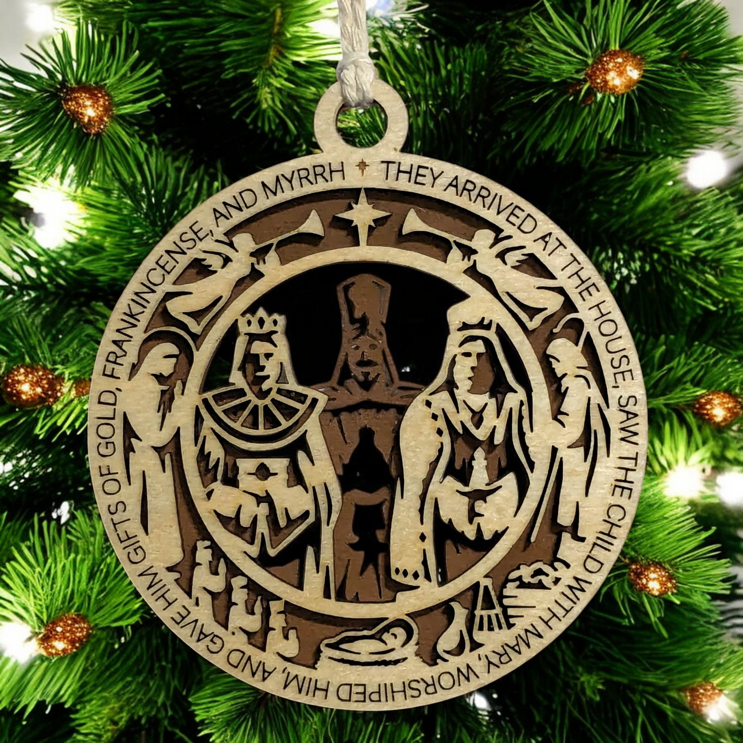 Handcrafted 3.5" Round Wooden Christmas Ornament, 2-Layer Laser Cut Design, Natural & Stained Wood, Featuring Matthew 2:11, Three Wise Men Scene, Christian Icons, Made in USA, Perfect Holiday Gift